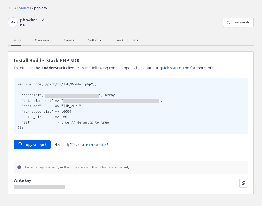 PHP source write key