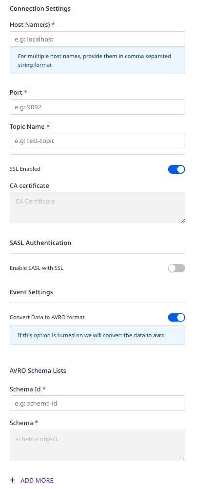 Kafka connection settings