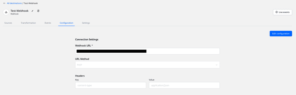 Dashboard settings for webhook destination Dashboard settings for webhook destination