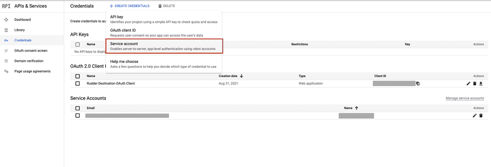 Service account under Create Credentials