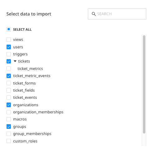 Selecting the data to import