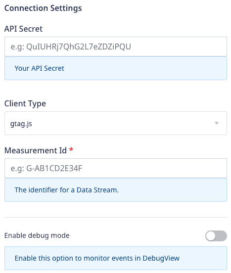 Google Analytics 4 Connection Settings in RudderStack